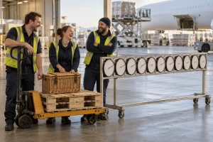 Three laughing freight workers stand beside a picnic hamper and a long row of blank analogue clocks at an airport.