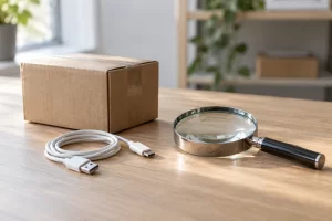 An unbranded charging cable, plain parcel and magnifying glass rest on a bright wooden desk.