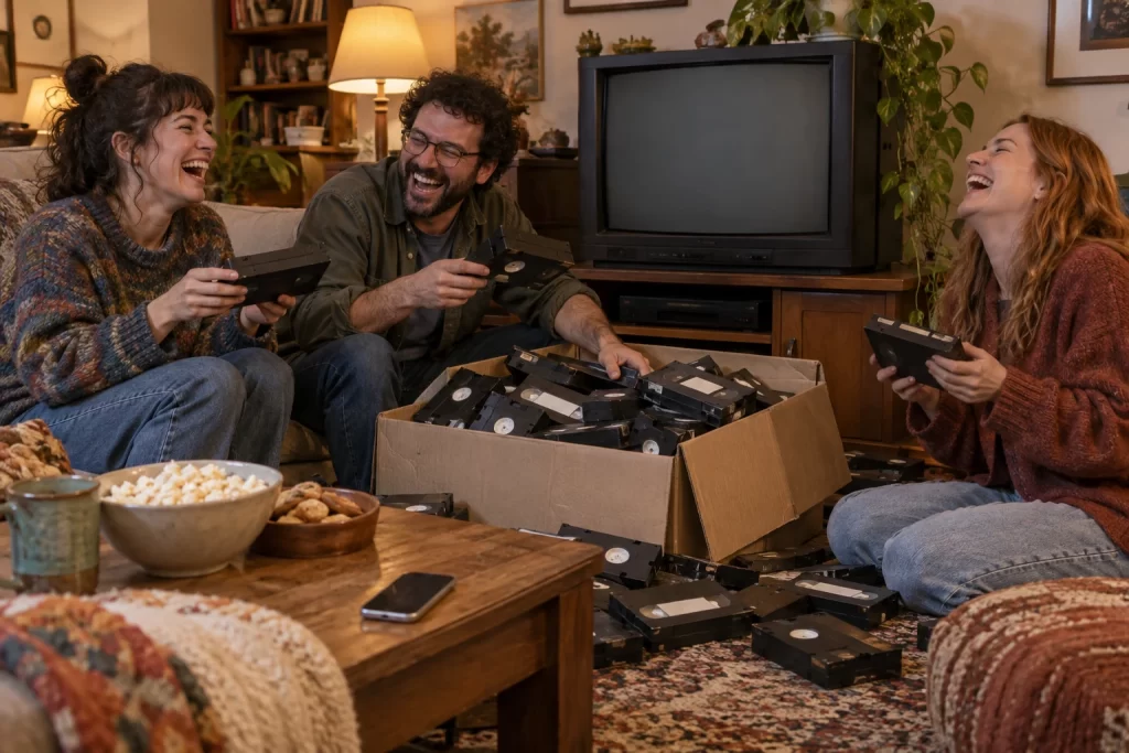 Three fictional adults laugh while choosing tapes from a huge box of unlabelled home videos beside a blank television screen.