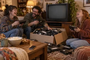 Three fictional adults laugh while choosing tapes from a huge box of unlabelled home videos beside a blank television screen.