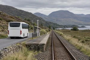 An unbranded replacement coach waits beside an empty Highland rail halt as tracks lead toward distant hills.