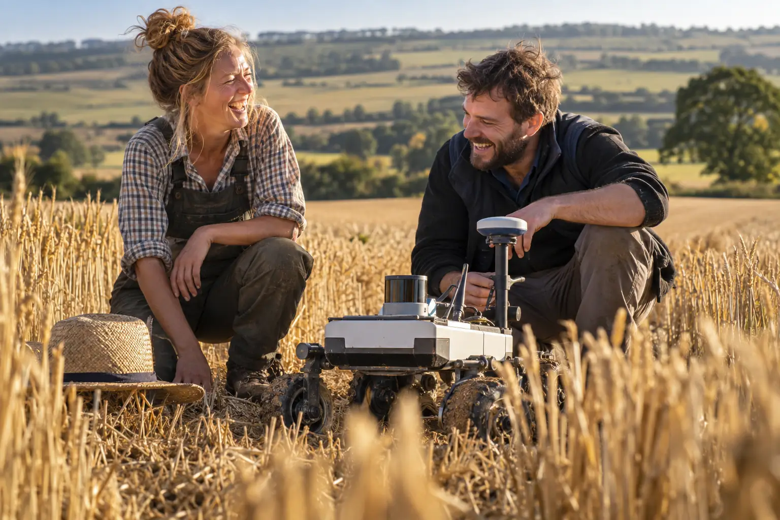 Original editorial photograph of two laughing adults examining a small unbranded field robot beside a straw hat for farm robot funding