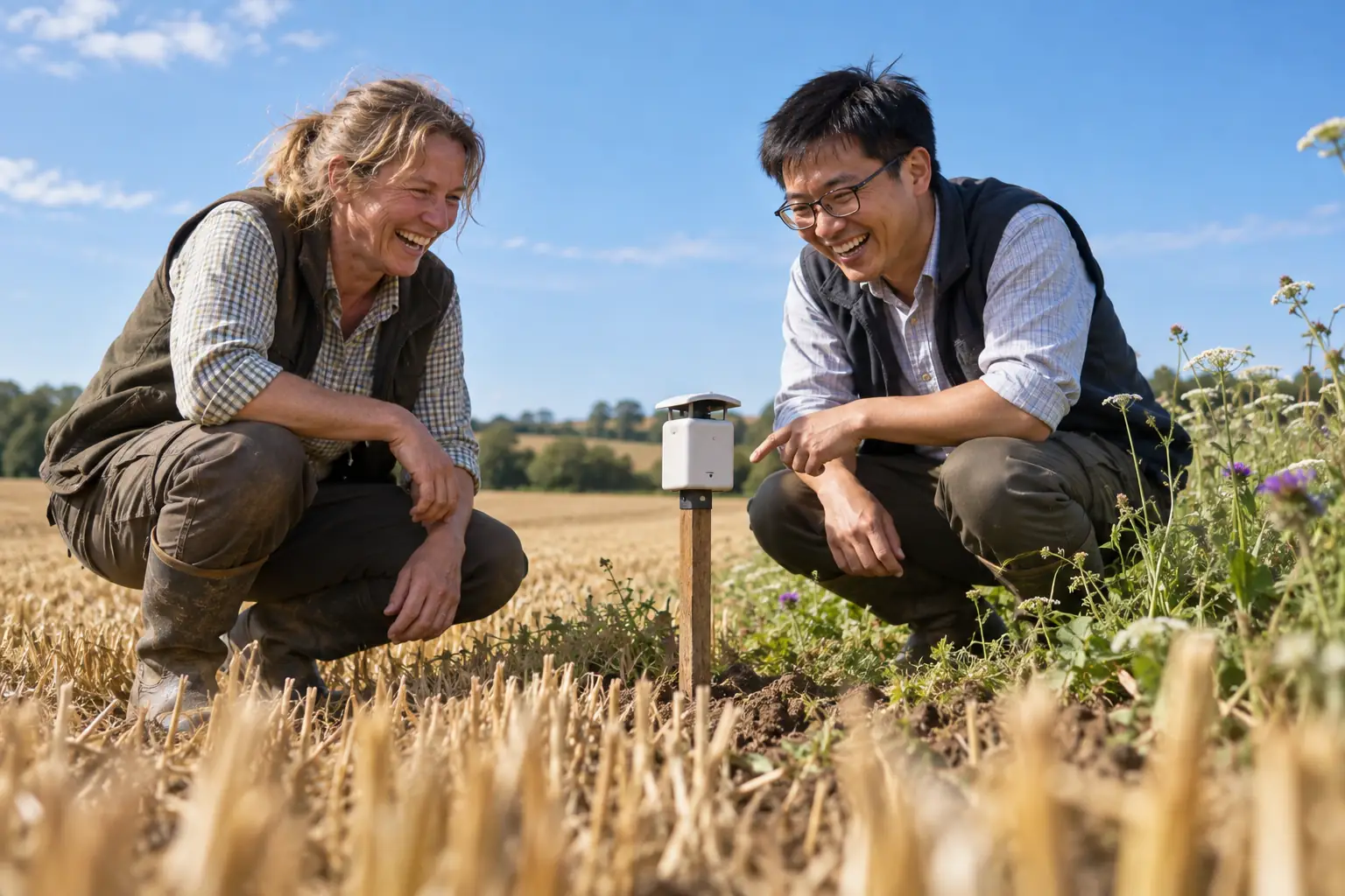 Original editorial photograph of a laughing woman farmer and laughing East Asian researcher crouched beside a plain field sensor on a sunny British field edge, with no logos or text