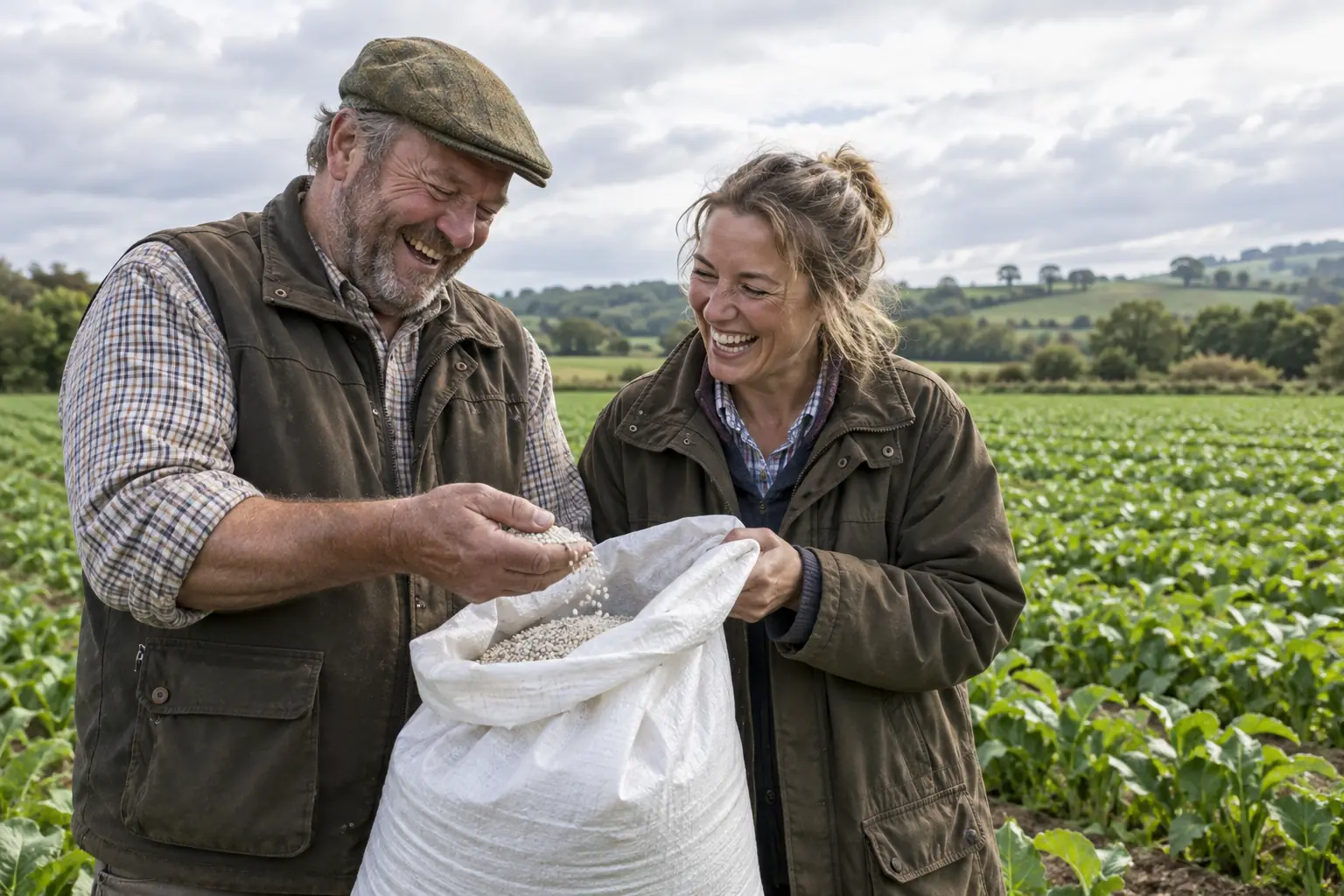 Two laughing farmers inspect a generic fertiliser sack for new fertiliser regulations