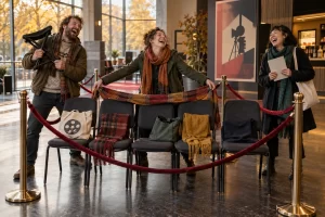 Three laughing film enthusiasts guard empty cinema chairs with scarves, bags and a velvet rope.