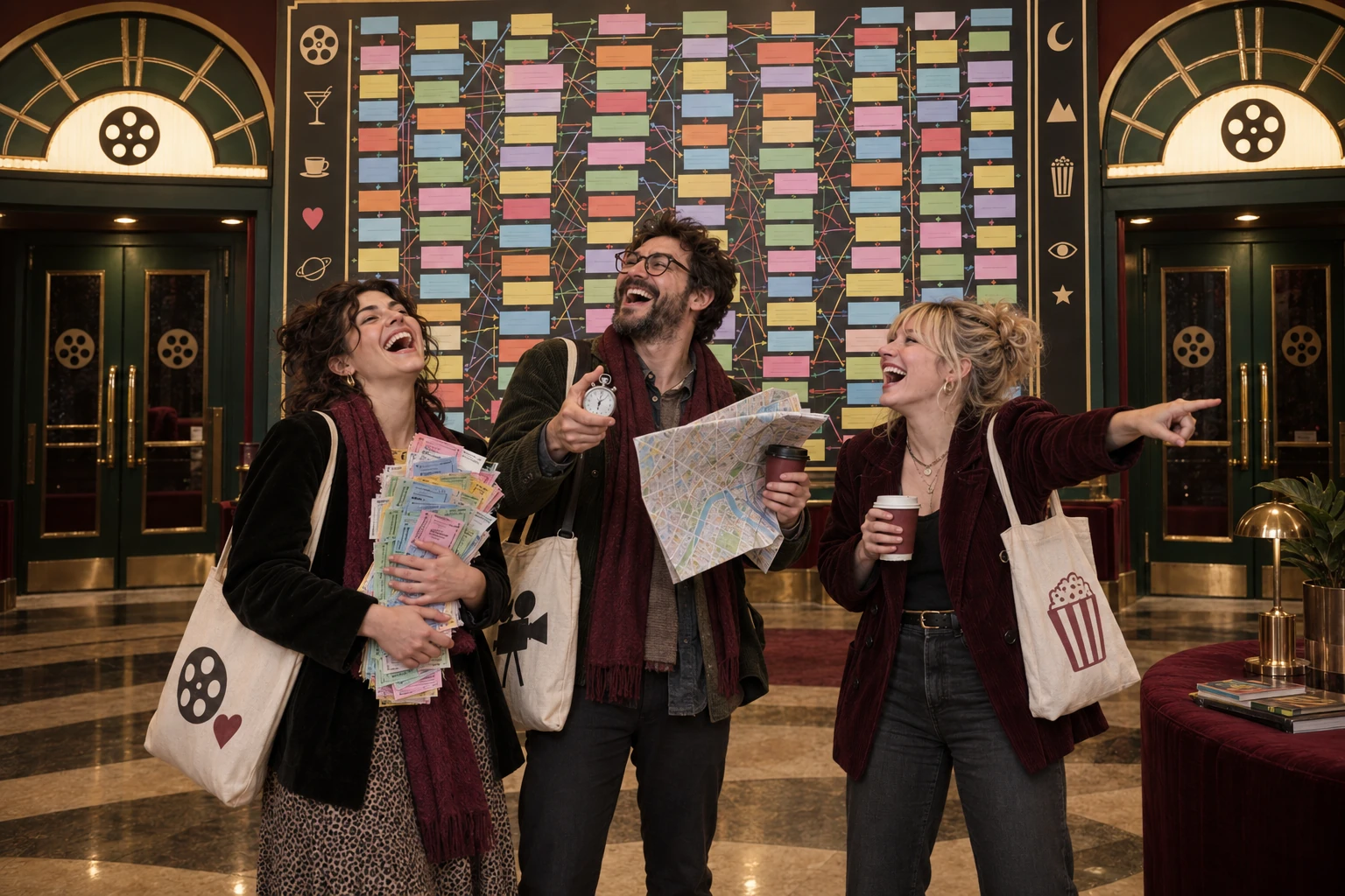 Three laughing cinema goers hold tickets, a stopwatch and a map beneath an enormous tangled festival timetable.