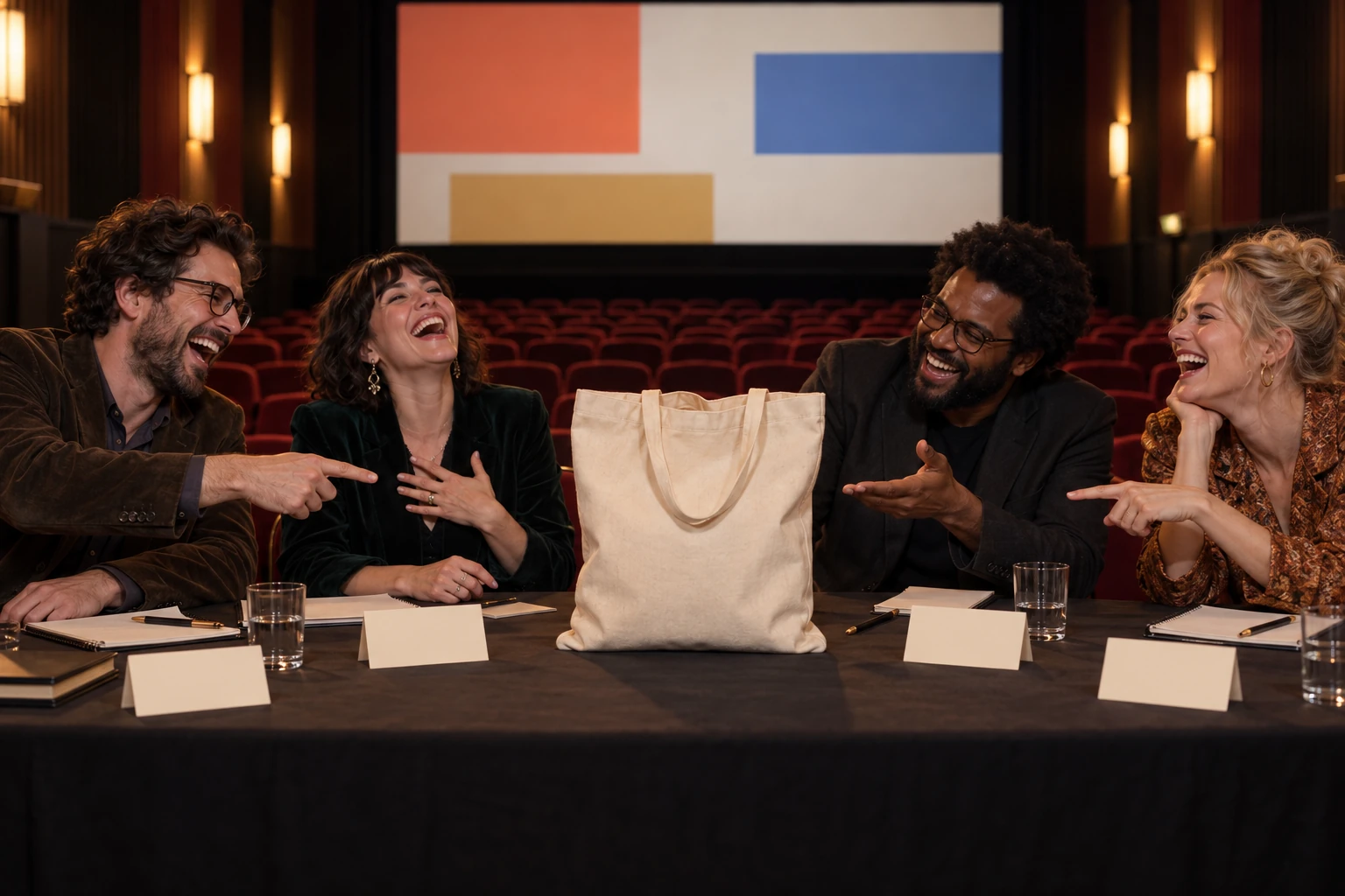 Four fictional adult film jurors laugh around a screening room table while a plain canvas tote bag occupies the central seat.