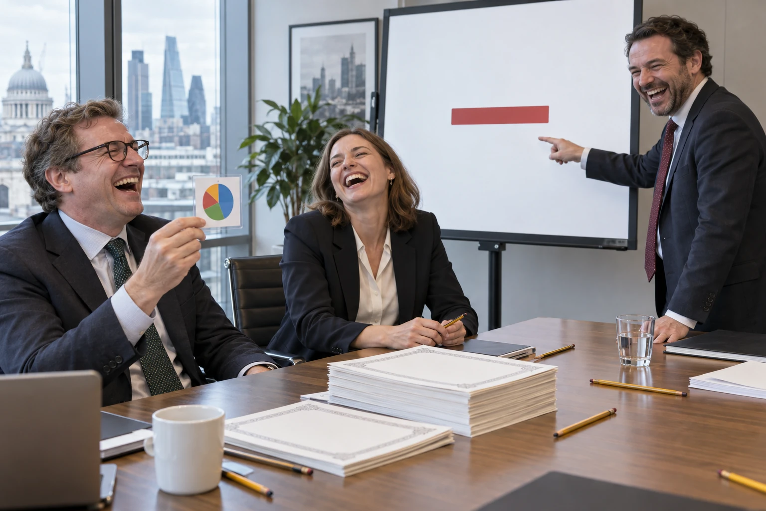 Three laughing fictional financial analysts with a pie chart and presentation board