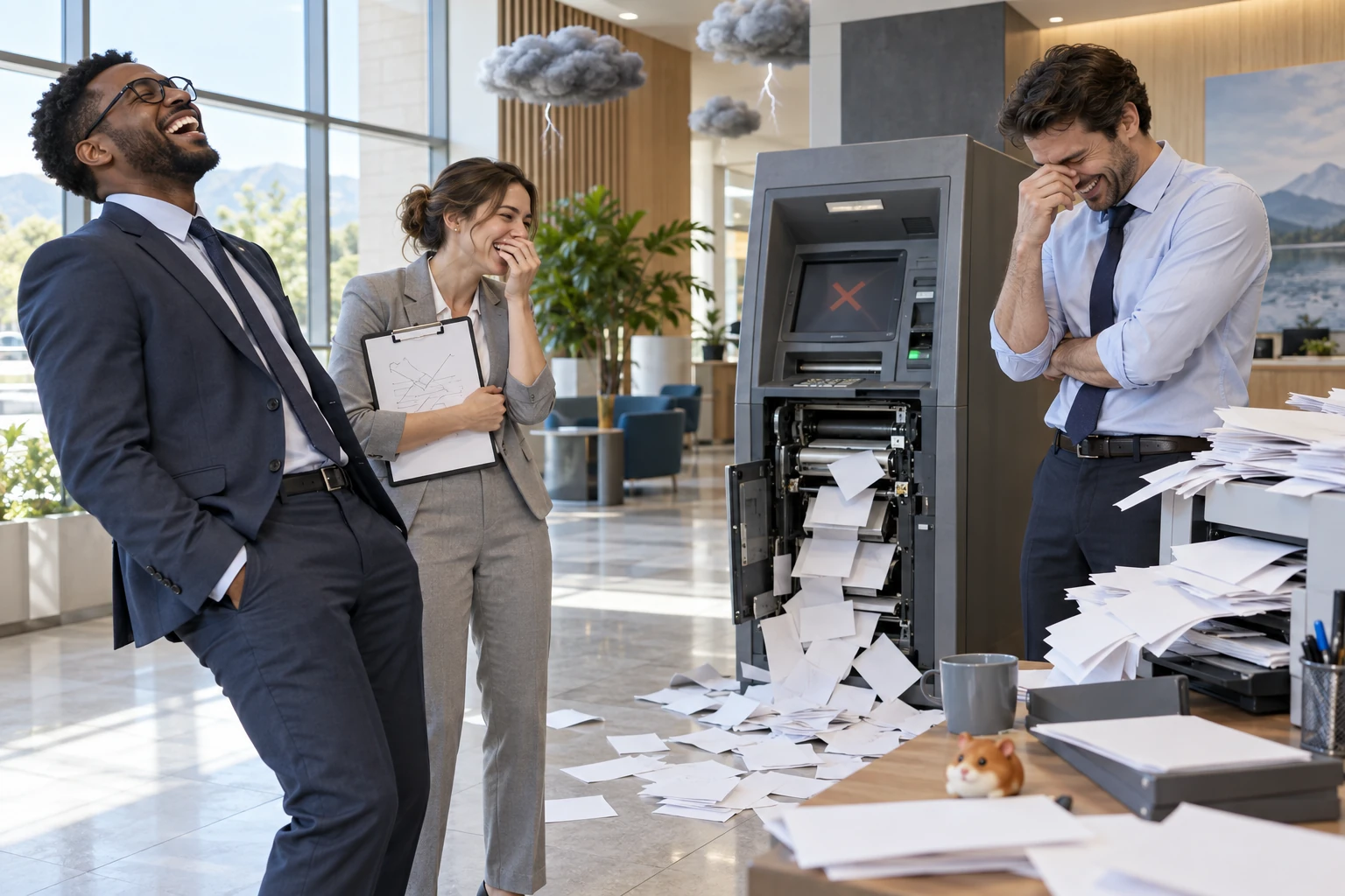 Three fictional adult bank analysts laugh beside a malfunctioning cash machine, an overflowing printer and a hamster shaped stress ball in a bank lobby.