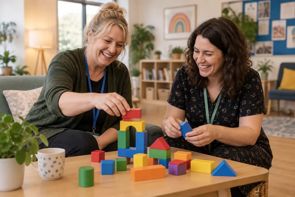 Two laughing family-support professionals for first 1000 days government response