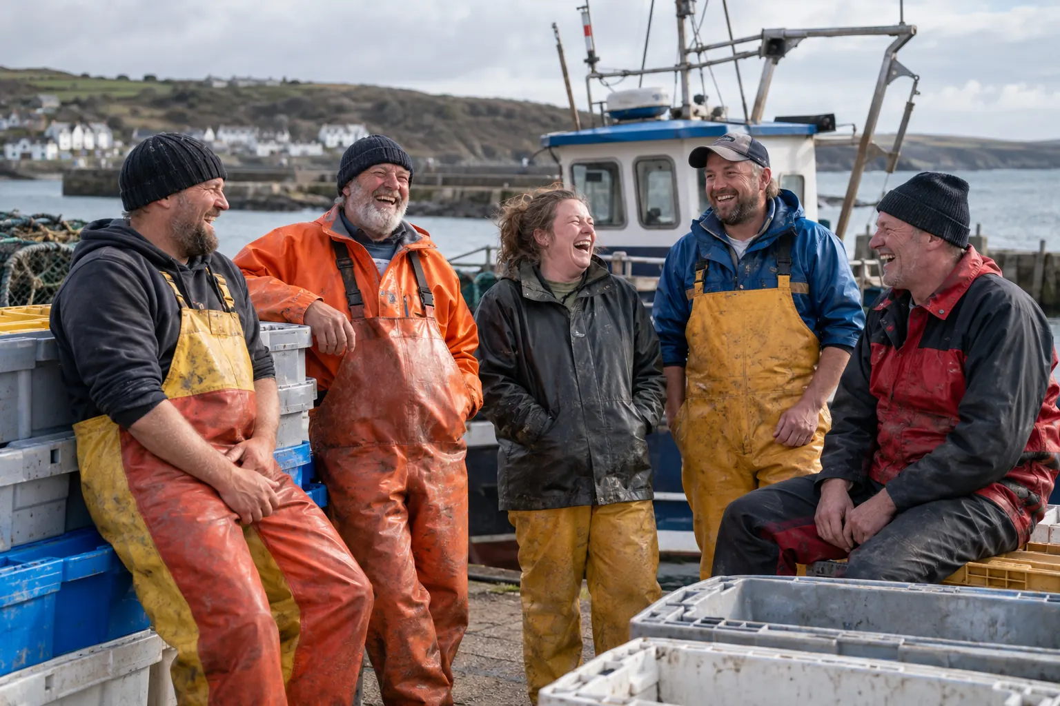 Five laughing adult fishers on a British harbour beside a fishing boat and generic crates.