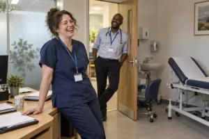 Two laughing healthcare professionals at fictional fit note reform pilots 2026 consultation room