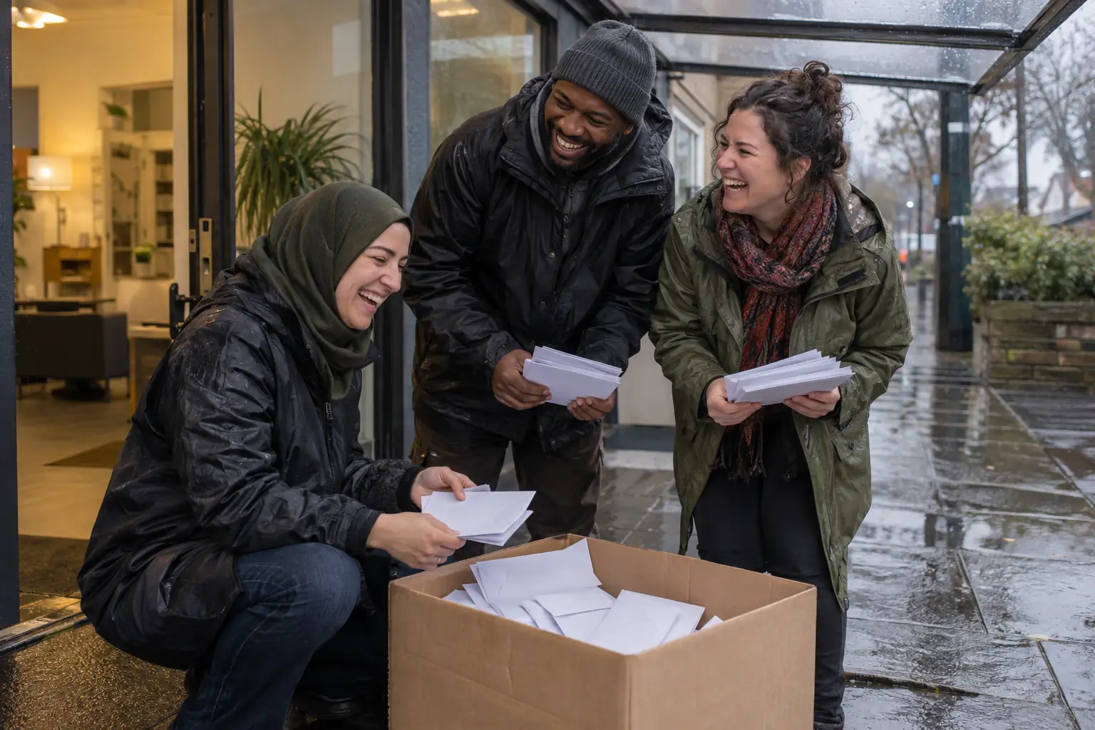 Original editorial photograph of three laughing volunteers around a blank cardboard box filled with plain unmarked envelopes outside a rainy advice centre, with no other people