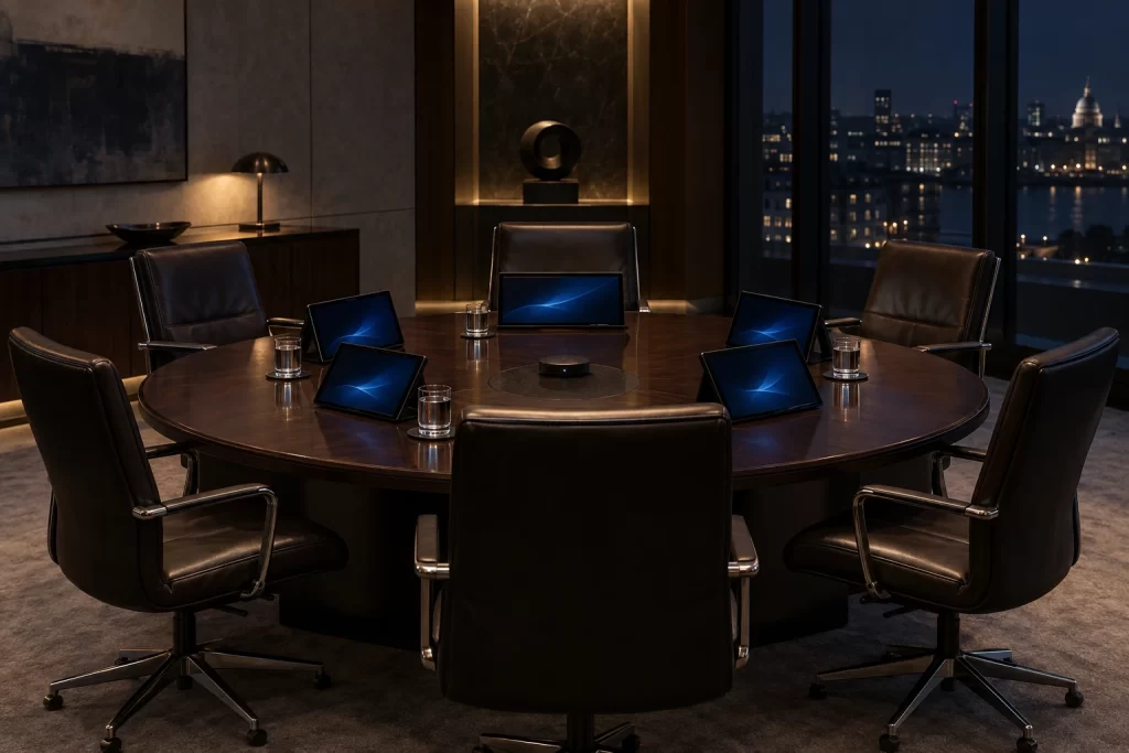 A secure conference room with empty chairs, water glasses and remote call screens prepared for a diplomatic meeting.