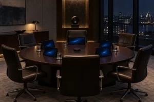 A secure conference room with empty chairs, water glasses and remote call screens prepared for a diplomatic meeting.