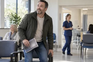 Clinic patient standing with an unfinished unreadable magazine in a bright clinic waiting room