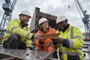 Original editorial photograph of three laughing shipyard workers holding a plain wooden keel-shaped keepsake in a rain-darkened British shipyard, with no logos or text