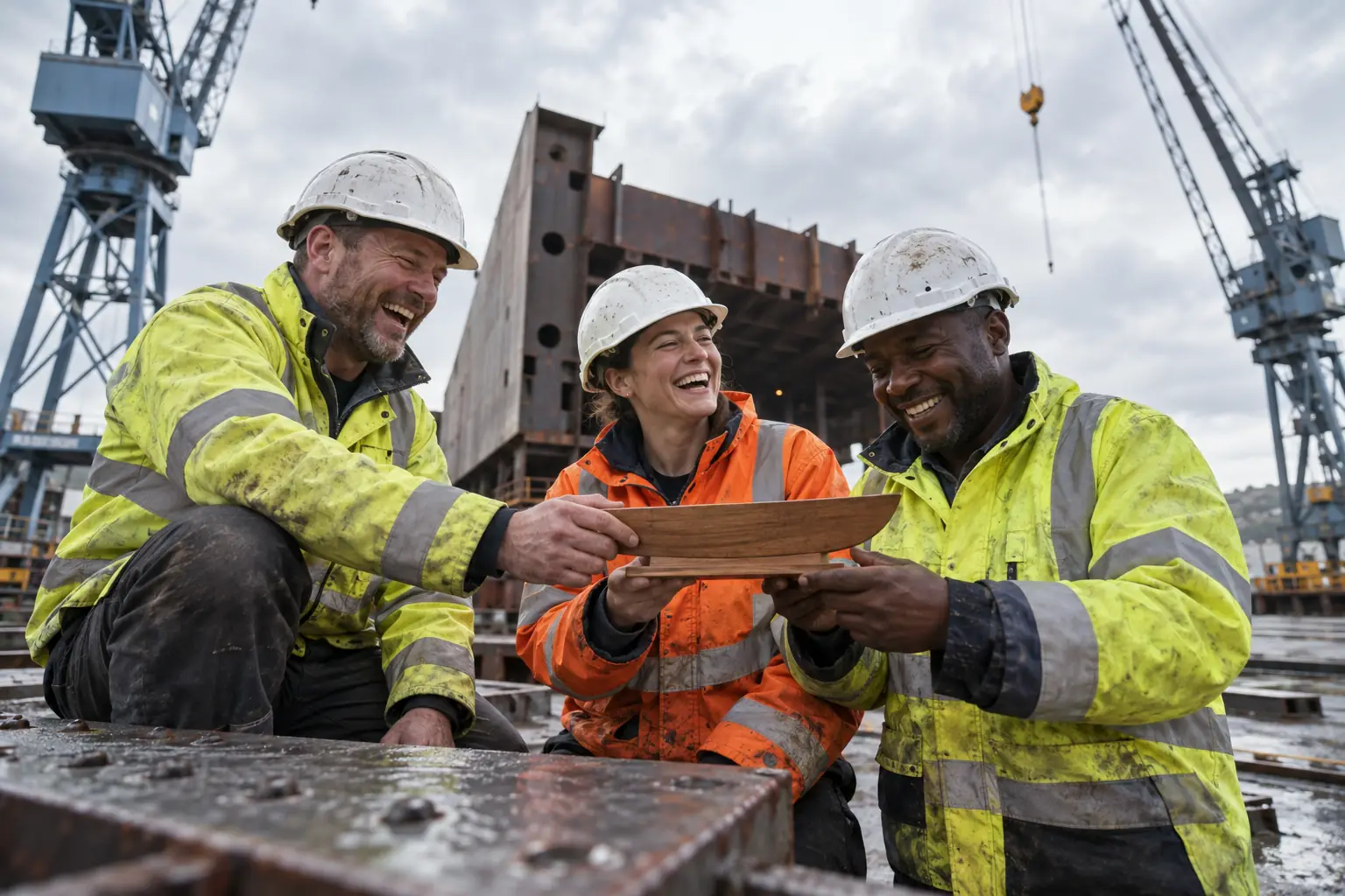 Original editorial photograph of three laughing shipyard workers holding a plain wooden keel-shaped keepsake in a rain-darkened British shipyard, with no logos or text