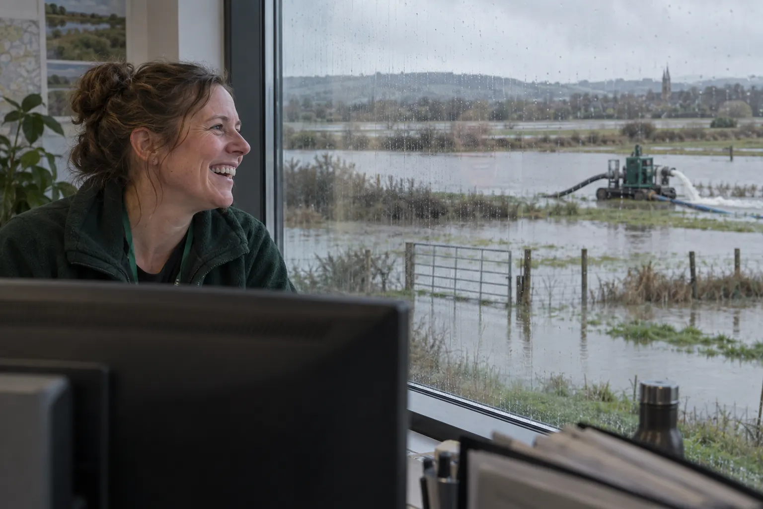 One laughing adult flood adviser is seen through a rain-streaked office window, looking out at a calm flooded field and distant pump.