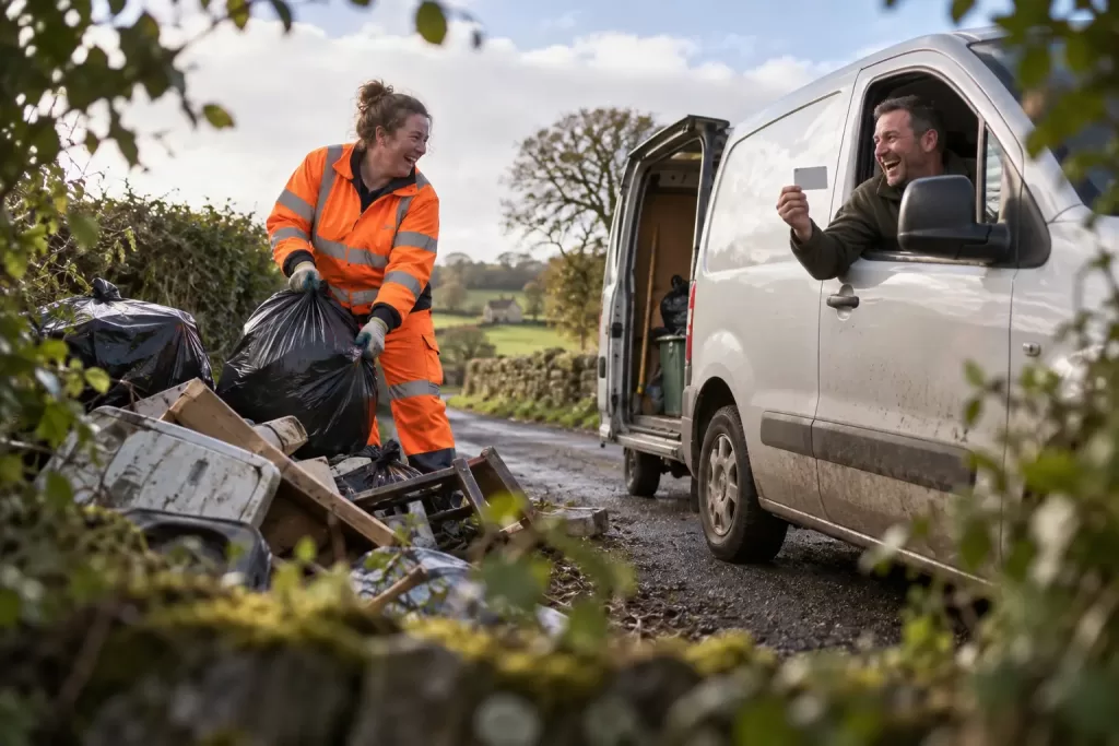 Laughing people in high-visibility clothing at a tidy fictional fly-tipping scene beside a white van