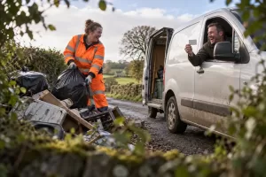 Laughing people in high-visibility clothing at a tidy fictional fly-tipping scene beside a white van
