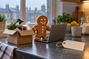 Original editorial photograph of a biscuit moving house for Food Standards Agency GOV.UK 2026