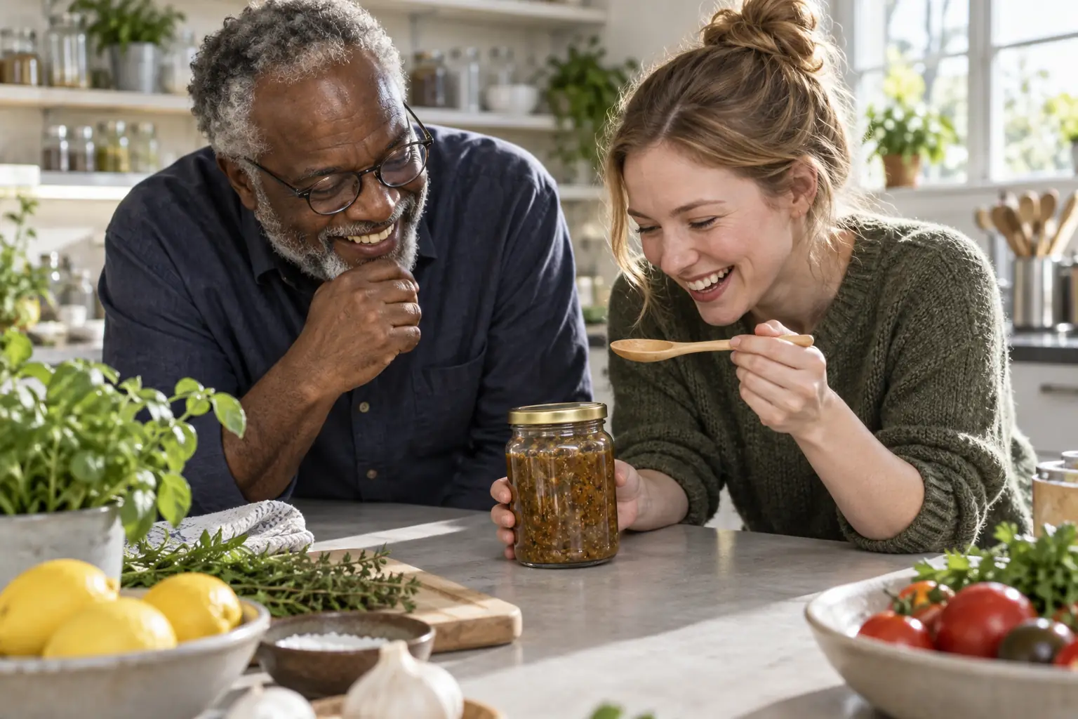 Original editorial photograph of two laughing food scientists with a plain glass jar and wooden tasting spoon in a sunny kitchen laboratory, with no logos or text