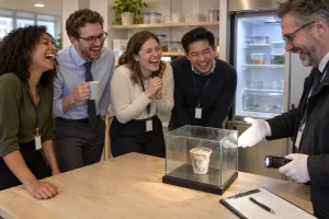 Four laughing fictional office workers watch a laughing inspector present an ancient yoghurt pot in a glass evidence case beside a communal fridge.