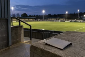 A plain empty ticket wallet rests on a concrete ledge overlooking a floodlit football pitch at dusk.