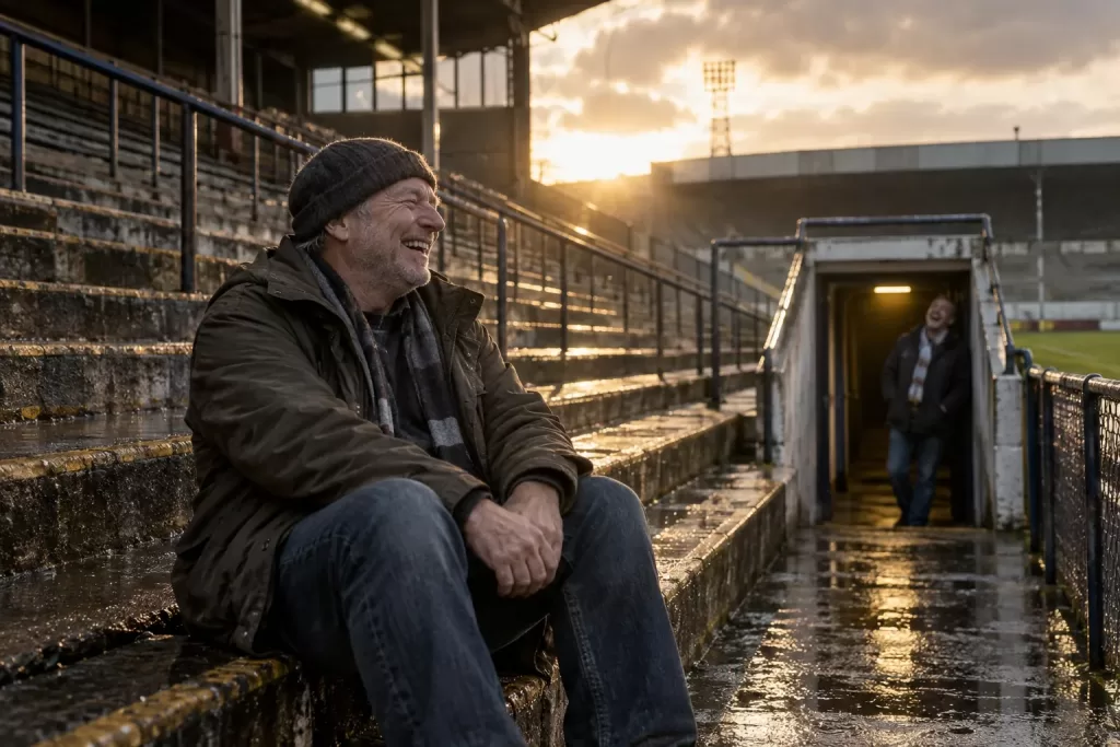 Two laughing football supporters at fictional Football Governance Act fan protections 2026 stadium