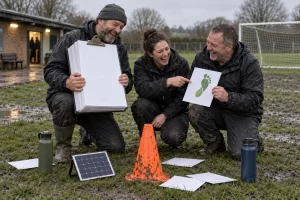 Three fictional football officials laugh around a muddy orange cone with a blank sustainability clipboard.