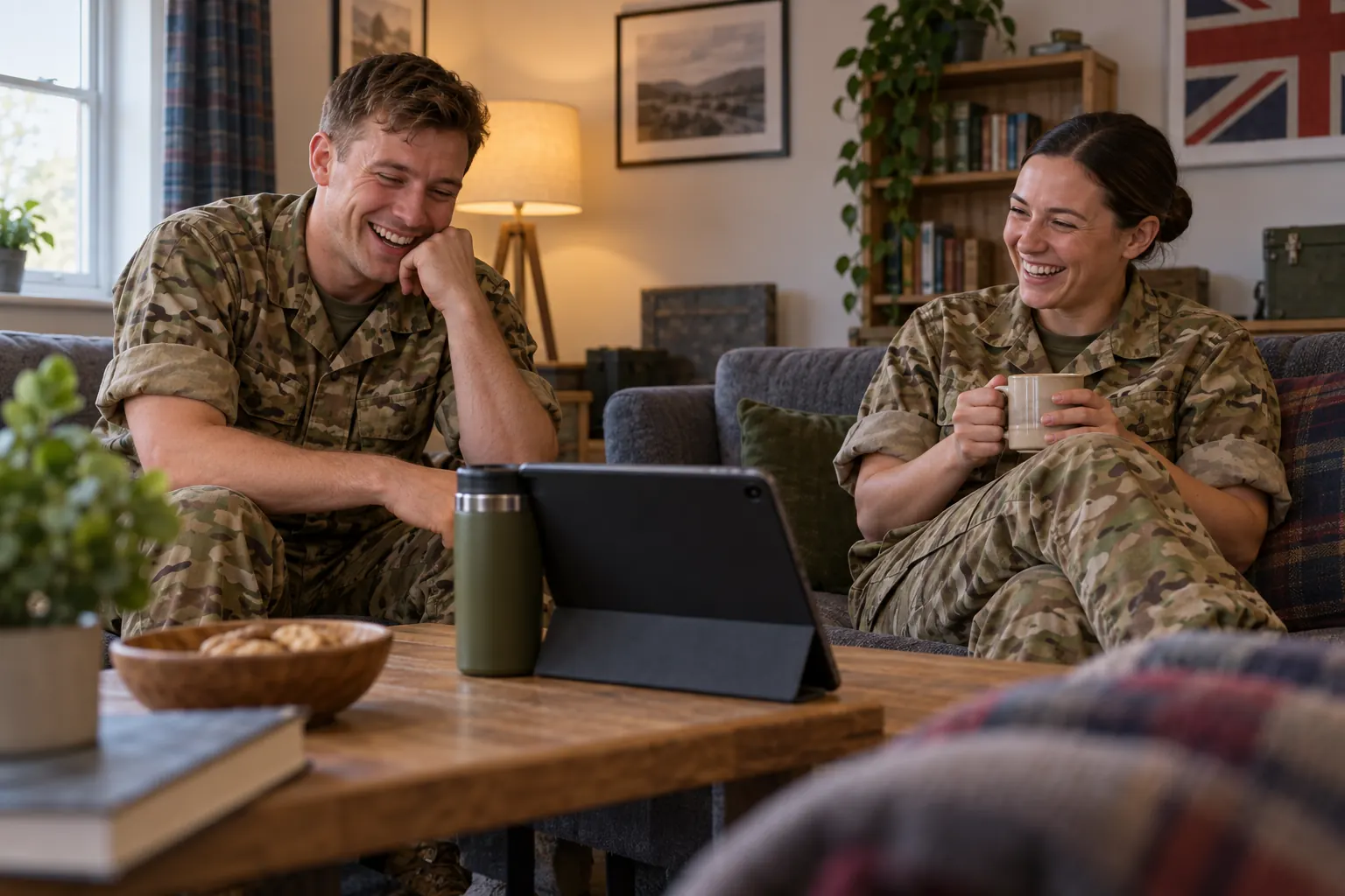 Two laughing service personnel for Armed Forces entertainment on demand