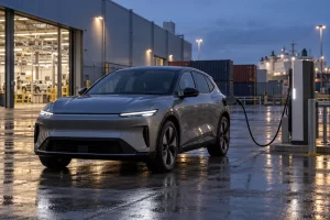 An unbranded electric vehicle charges beside a factory and shipping containers on wet evening pavement.