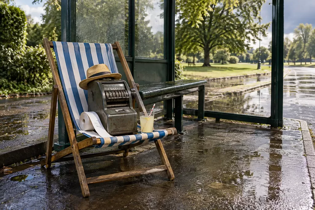 Original editorial photograph of a bus ticket machine on a deckchair for free bus travel
