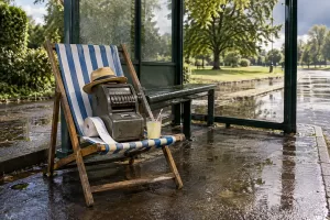 Original editorial photograph of a bus ticket machine on a deckchair for free bus travel