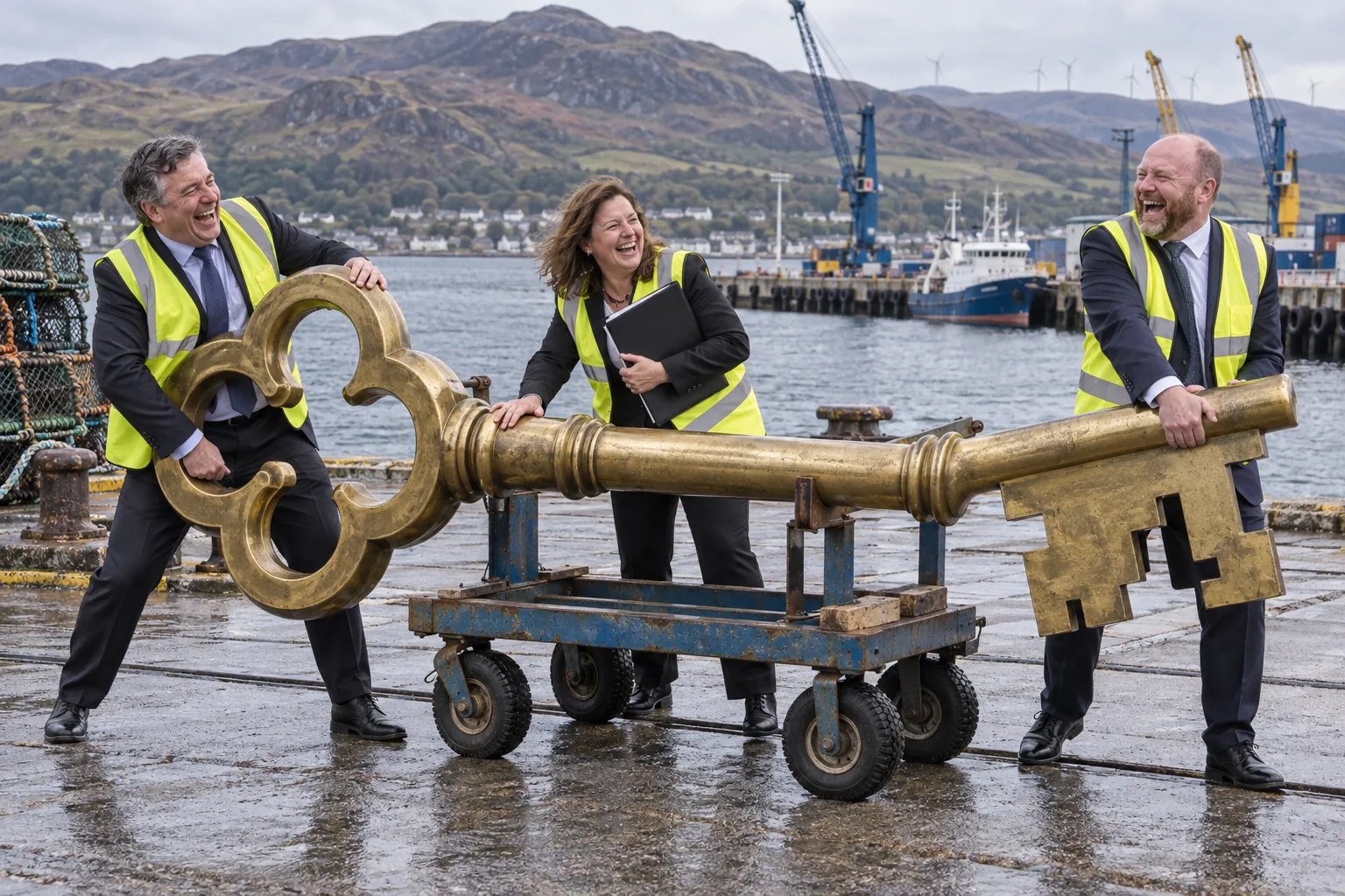 Three laughing officials in safety vests balance an enormous brass key on a trolley at a Highland harbour.