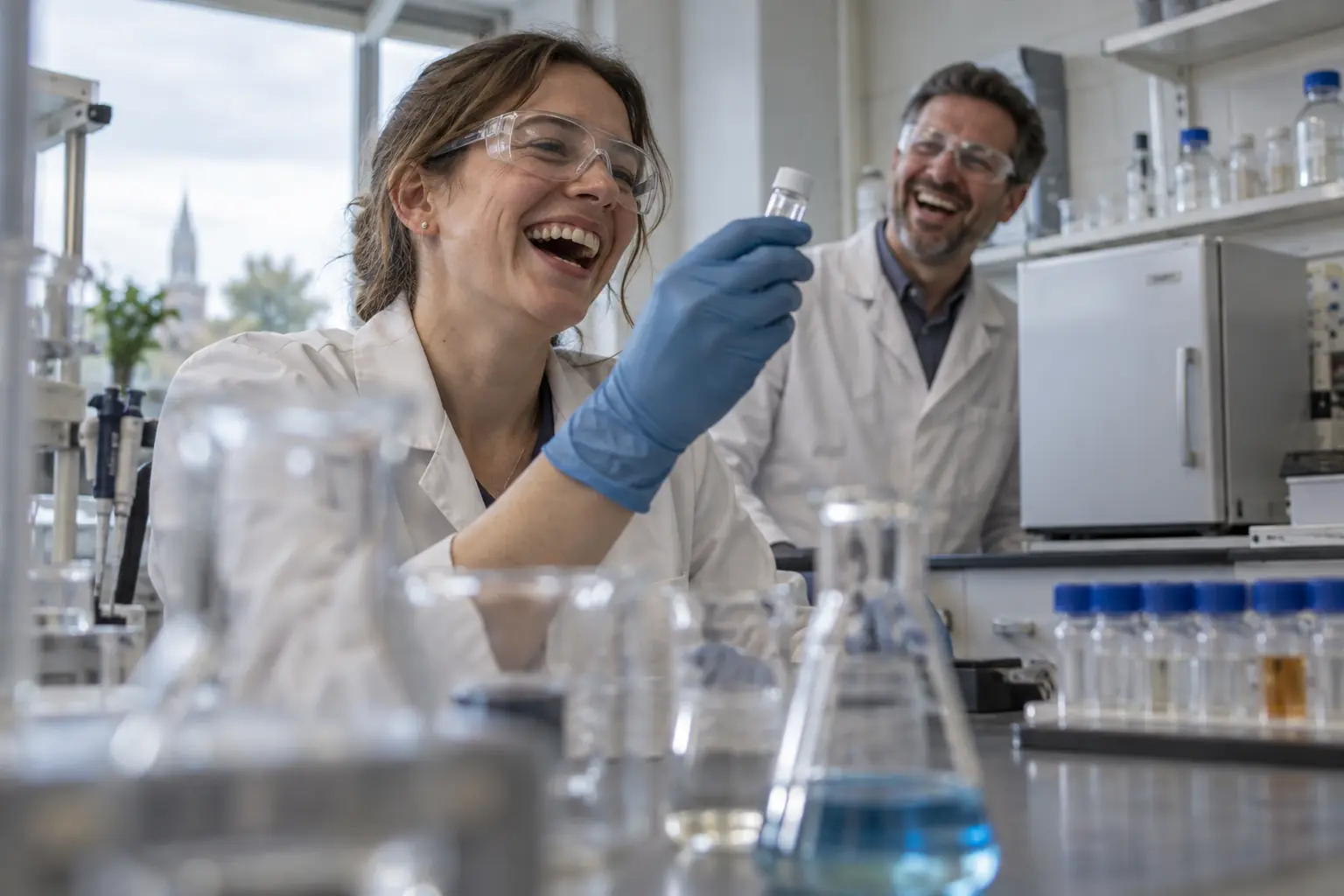 Laughing scientists examining an unlabelled vaccine vial in a laboratory beside a refrigerator