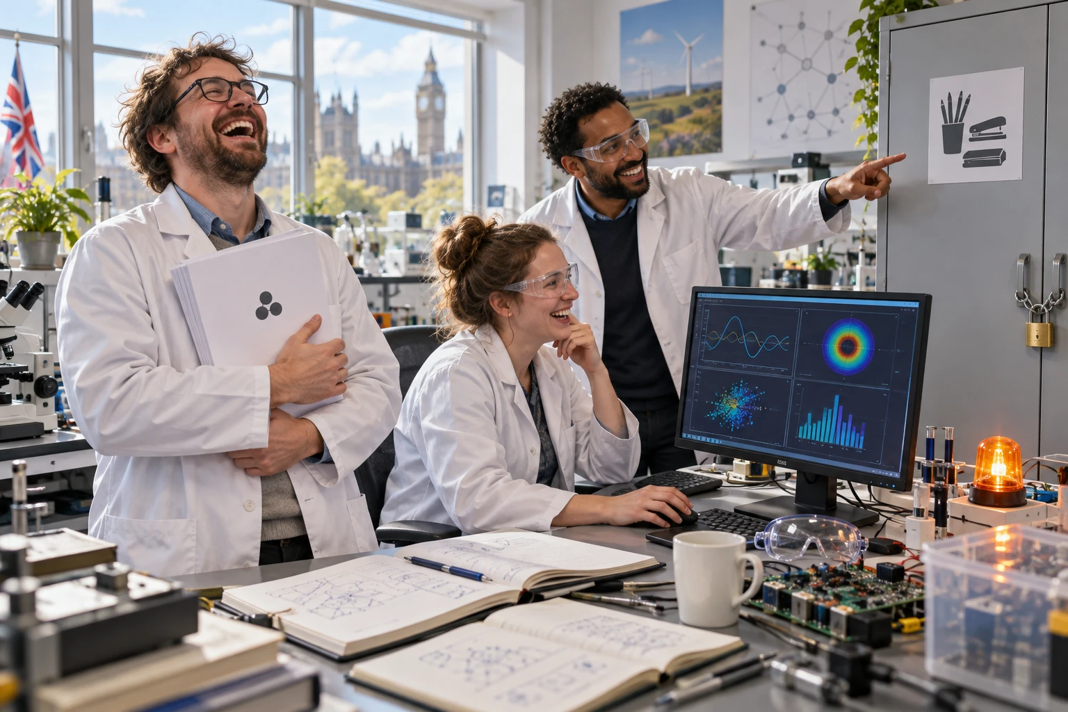 Three fictional adult researchers clearly laugh in a laboratory while reviewing a report beside computer test graphs and a locked stationery cupboard.