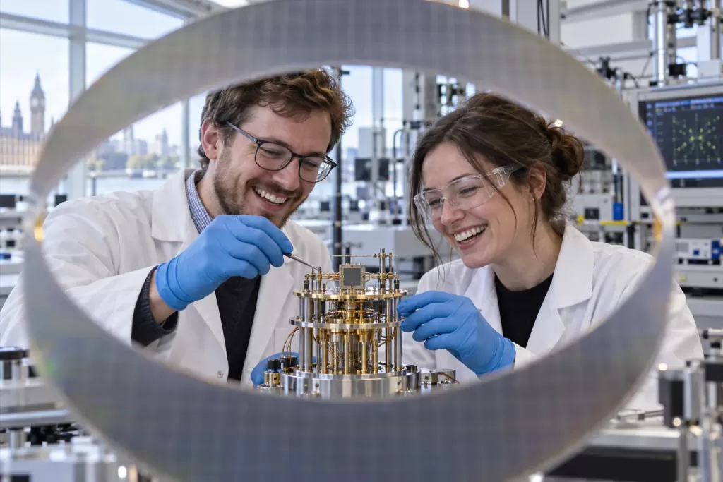 Two laughing researchers for UK frontier technologies digital innovation