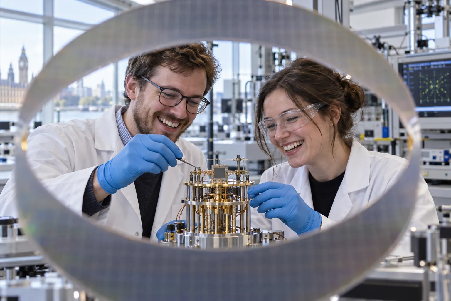 Two laughing researchers for UK frontier technologies digital innovation