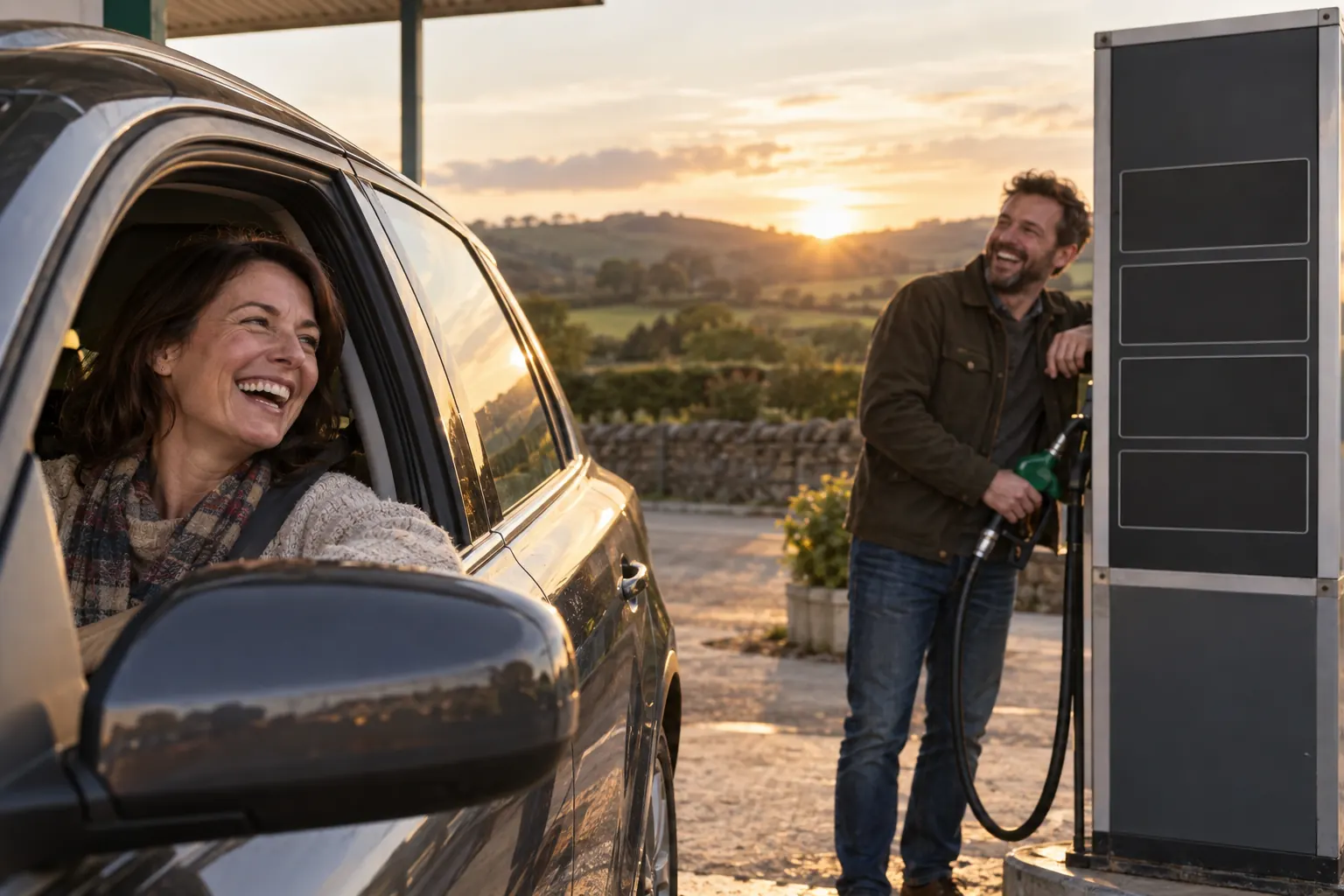 Two laughing motorists at fictional fuel duty support package 2026 forecourt