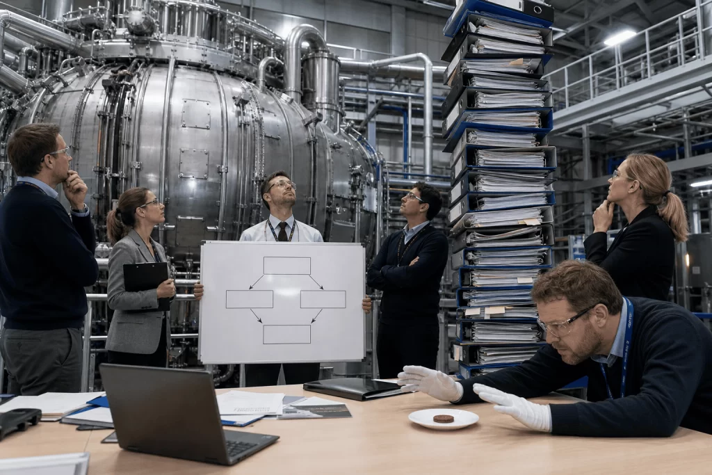 Fusion AI spinout engineers guard a towering stack of project binders beside a fusion reactor.