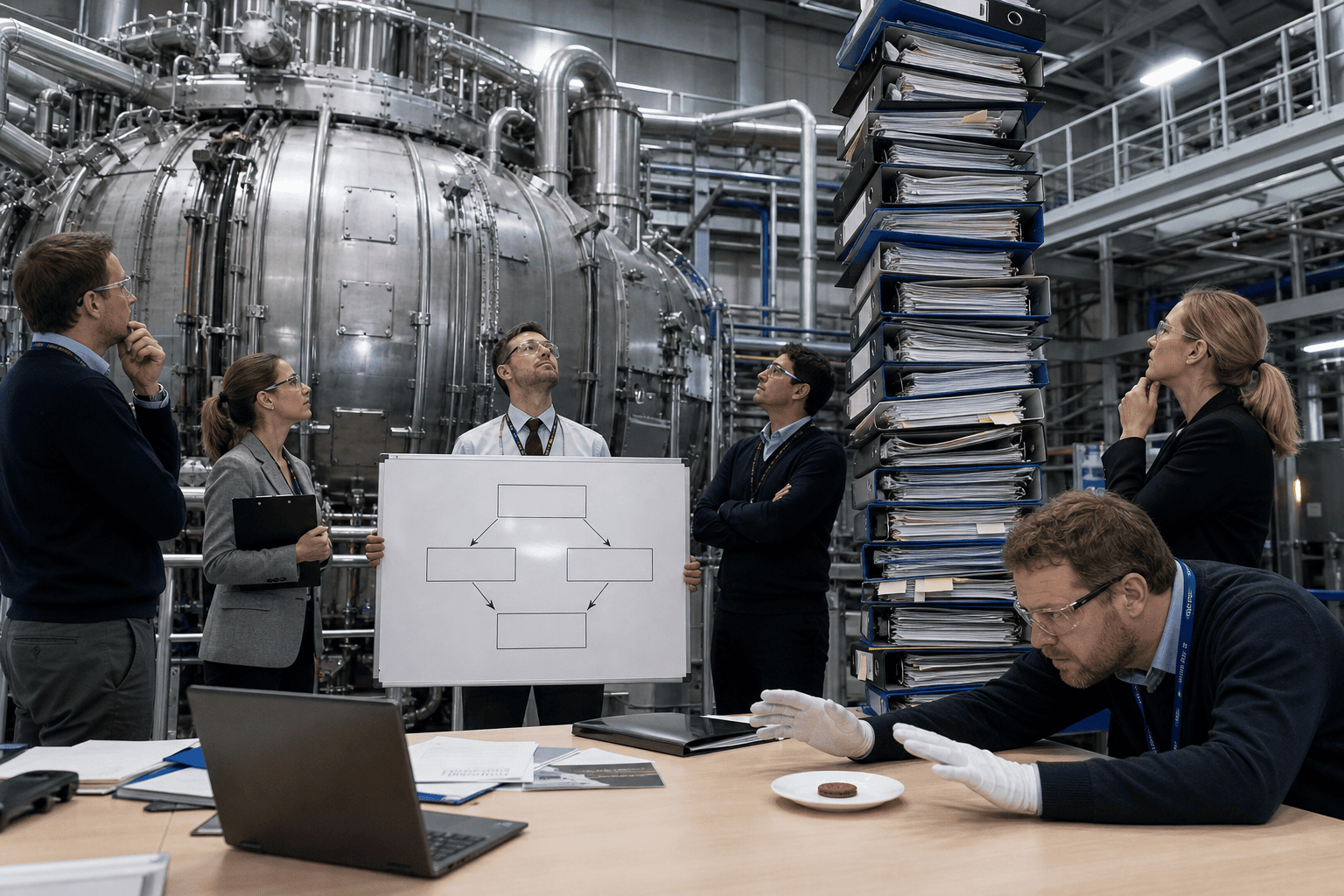 Fusion AI spinout engineers guard a towering stack of project binders beside a fusion reactor.