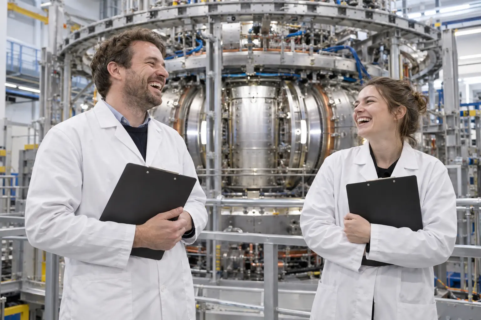 Two laughing fusion engineers in a fictional laboratory beside a circular research machine