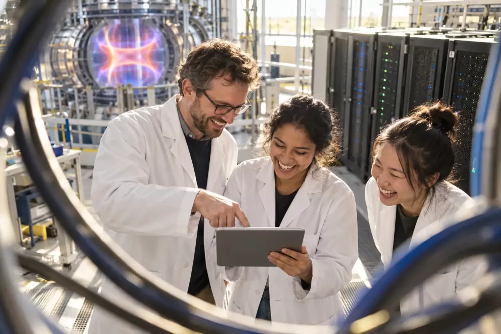 Original editorial photograph of three laughing researchers with a blank tablet in a sunlit fusion laboratory, with no logos or text