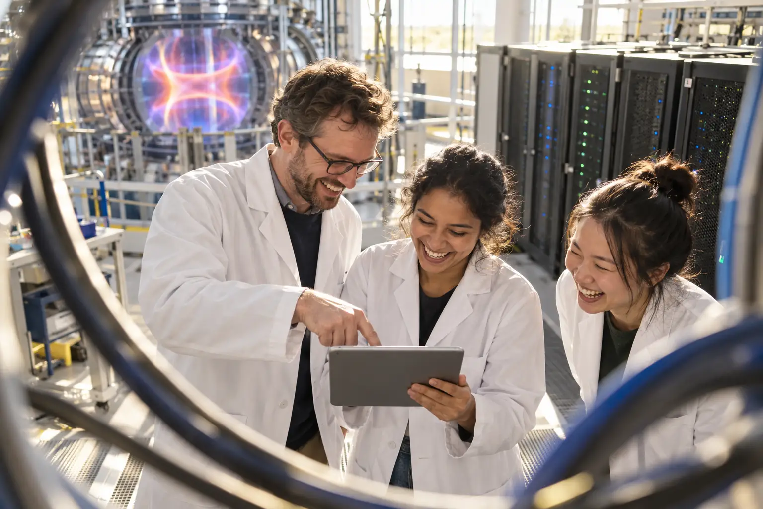 Original editorial photograph of three laughing researchers with a blank tablet in a sunlit fusion laboratory, with no logos or text