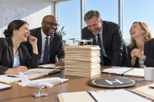 Four fictional adult aviation administrators clearly laugh around a drone balanced on a stack of folders.