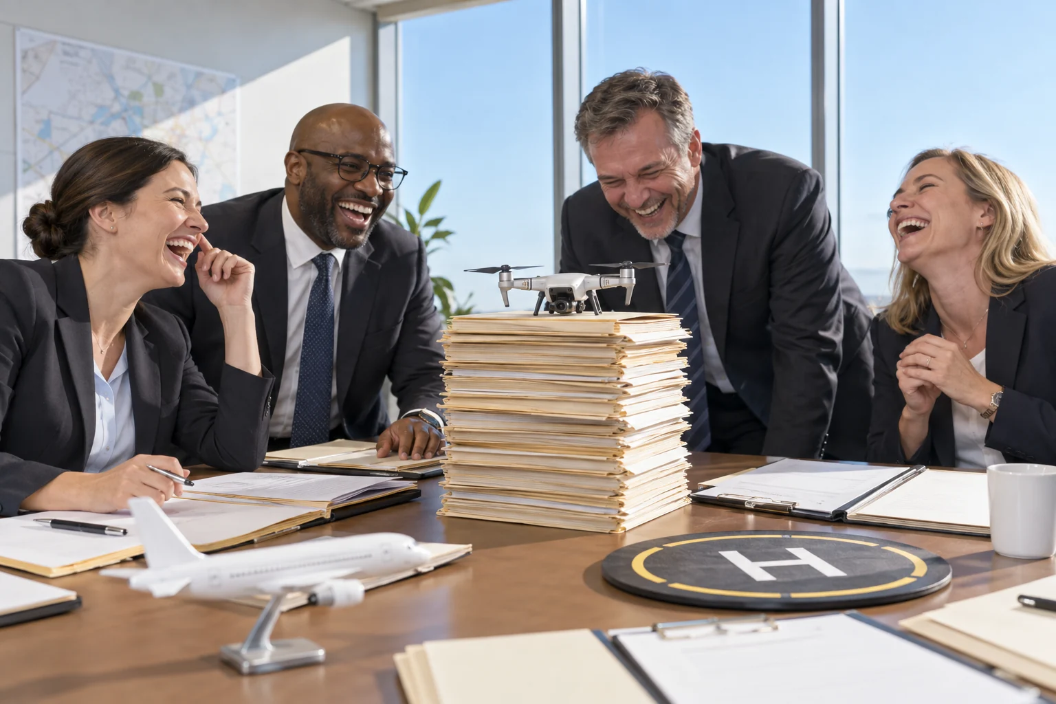 Four fictional adult aviation administrators clearly laugh around a drone balanced on a stack of folders.