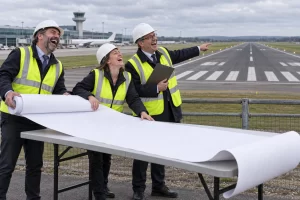 Three laughing airport planners unroll a long blank plan beside a runway while one points at the existing tarmac.
