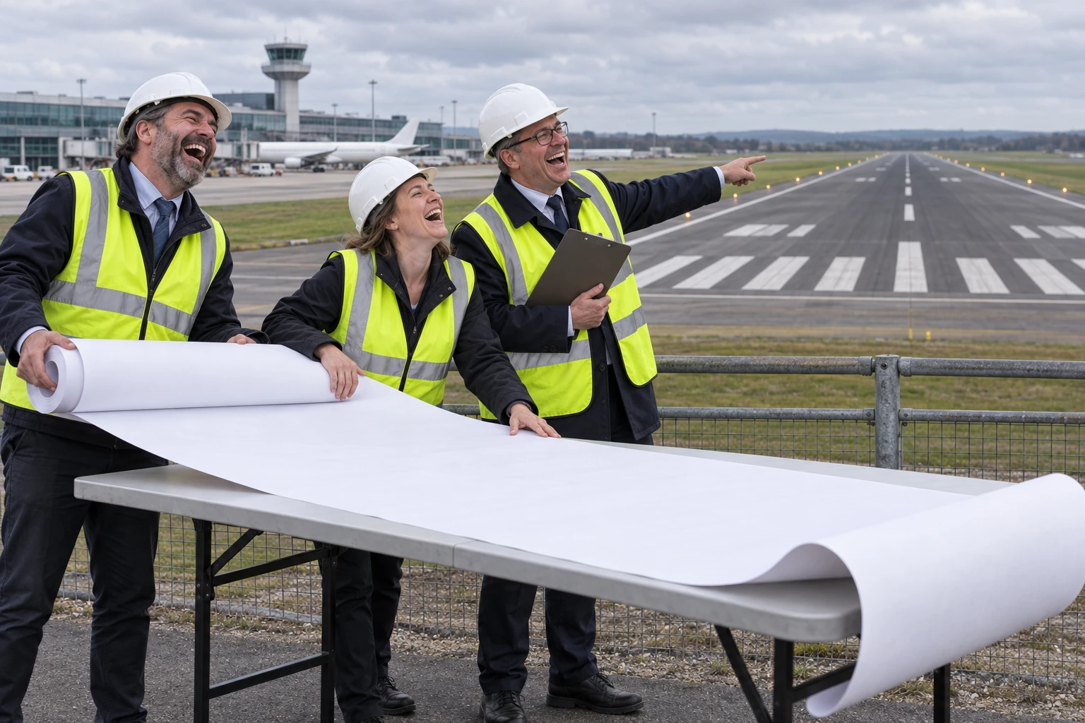 Three laughing airport planners unroll a long blank plan beside a runway while one points at the existing tarmac.